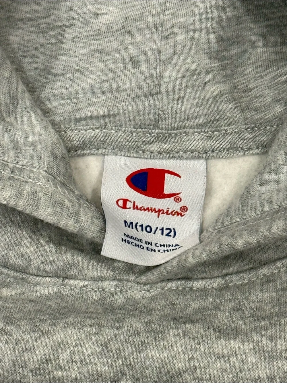 Champion Heather Gray Kids Hoodie with Navy Logo and Red '19 Patch